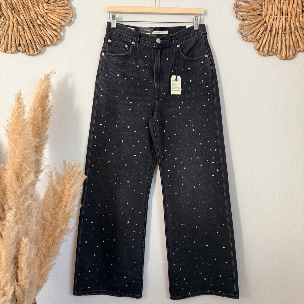 Levi’s ribcage wide-leg jeans 28 high rise embellished pant black rhinestones - Picture 5 of 12